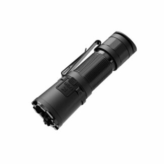 Black tactical flashlight with a textured grip, pocket clip, and rear switch.