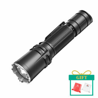 Tactical flashlight with knurled grip shown at an angle; gift badge foregrounded in bottom-right corner.
